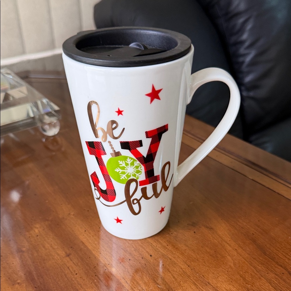 Joyful Holiday Travel Mug with Red and Green Accents